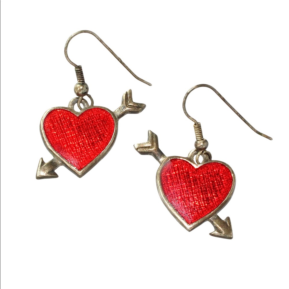 Vintage Heart with Cupid’s Arrow Dangle Earrings Red Enamel Oxidized Silver Tone